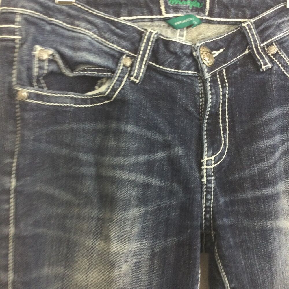 Wrangler Premium Patch Bootcut Mid Rise Western Dark Wash Denim Jeans Blue - Picture 12 of 15